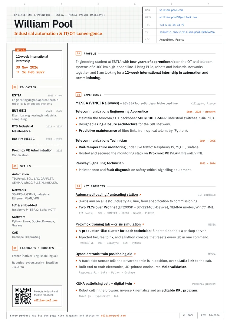 Preview of William Pool's one-page CV in English